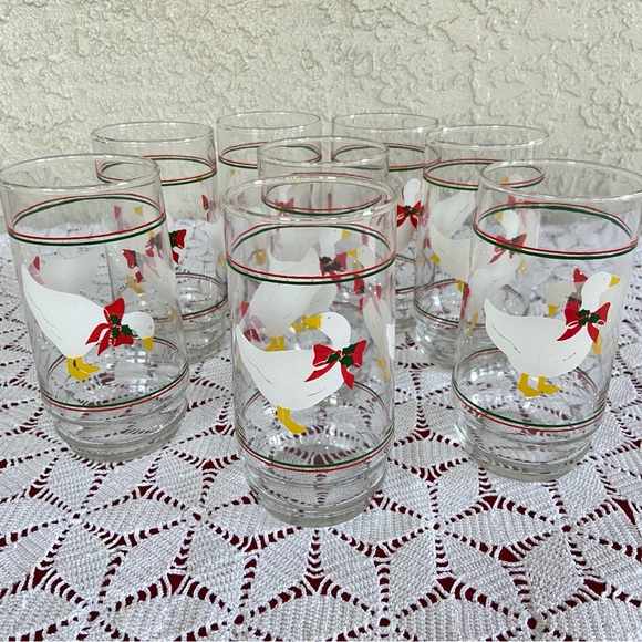 Indiana Glass Co Vintage 80s Set of 8 Christmas Goose 16 oz Decorated Glasses - Picture 4 of 16